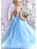 Beaded Blue Satin Tulle Heart Back Flower Girl Dress